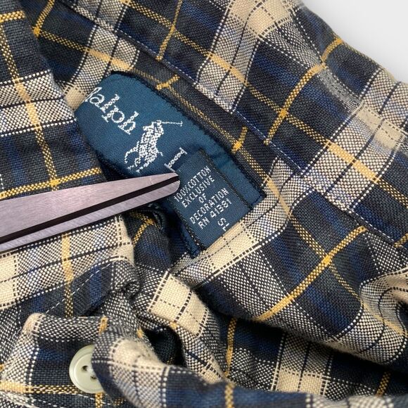 VINTAGE Ralph Lauren Shirt Mens 2XLT Tall Beige Black Check Woven Button Down - Picture 9 of 16